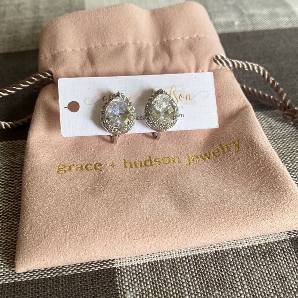 Grace Hudson Silver Clip On CZ Tear Drop Earrings